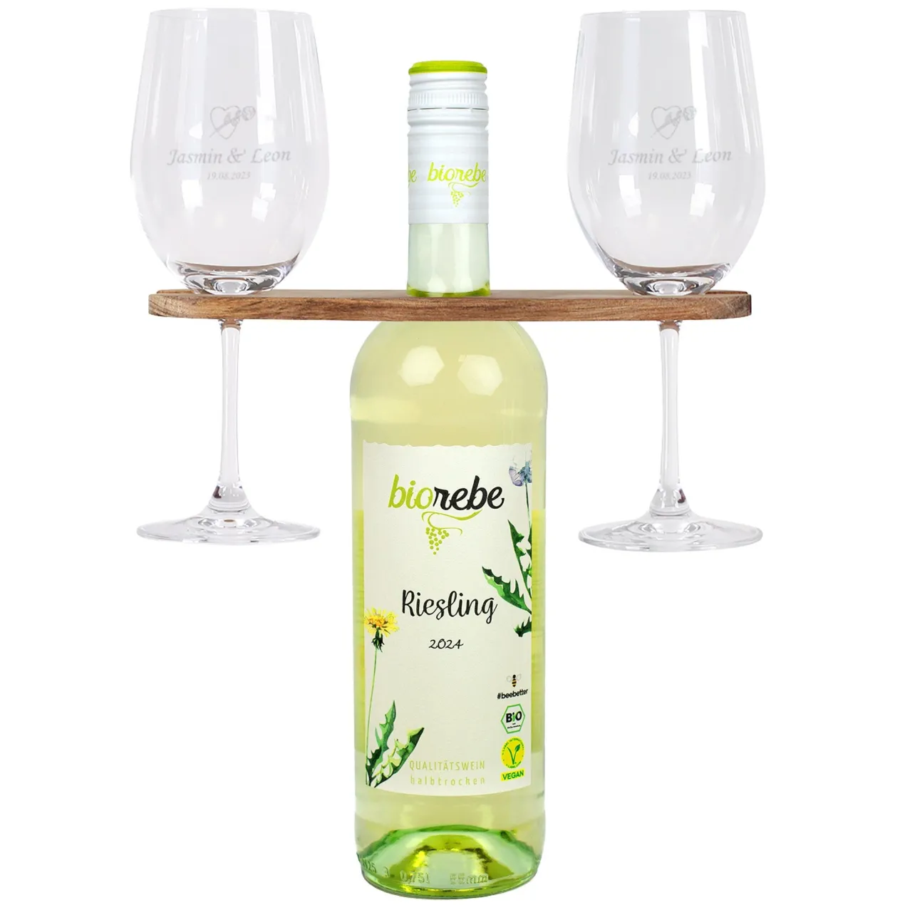 Wein-Set mit zwei Weingläsern, Weinbutler und bienenfreundlichem Biorebe Wein | Geschenk zur Hochzeit