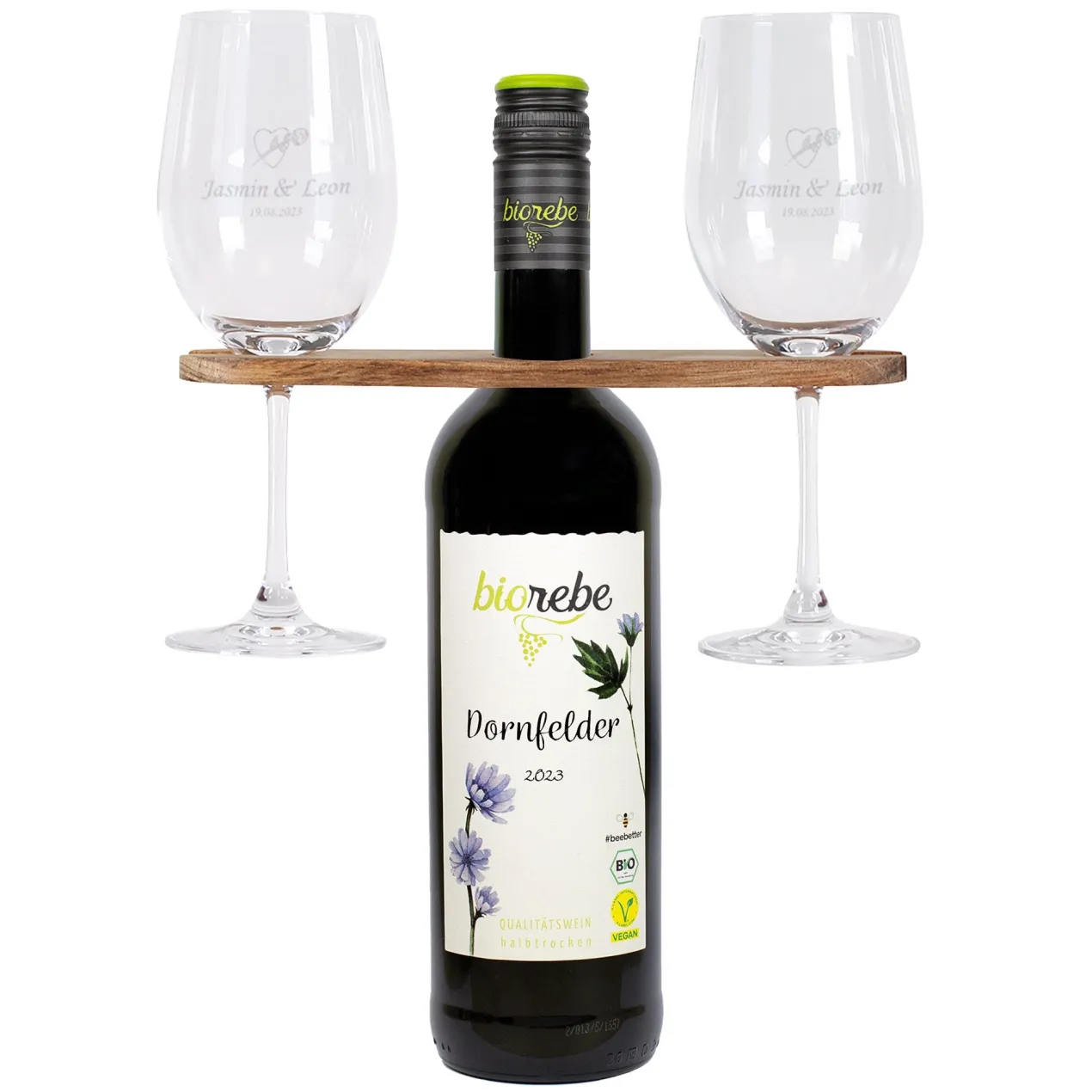 Wein-Set mit zwei Weingläsern, Weinbutler und bienenfreundlichem Biorebe Wein | Geschenk zur Hochzeit