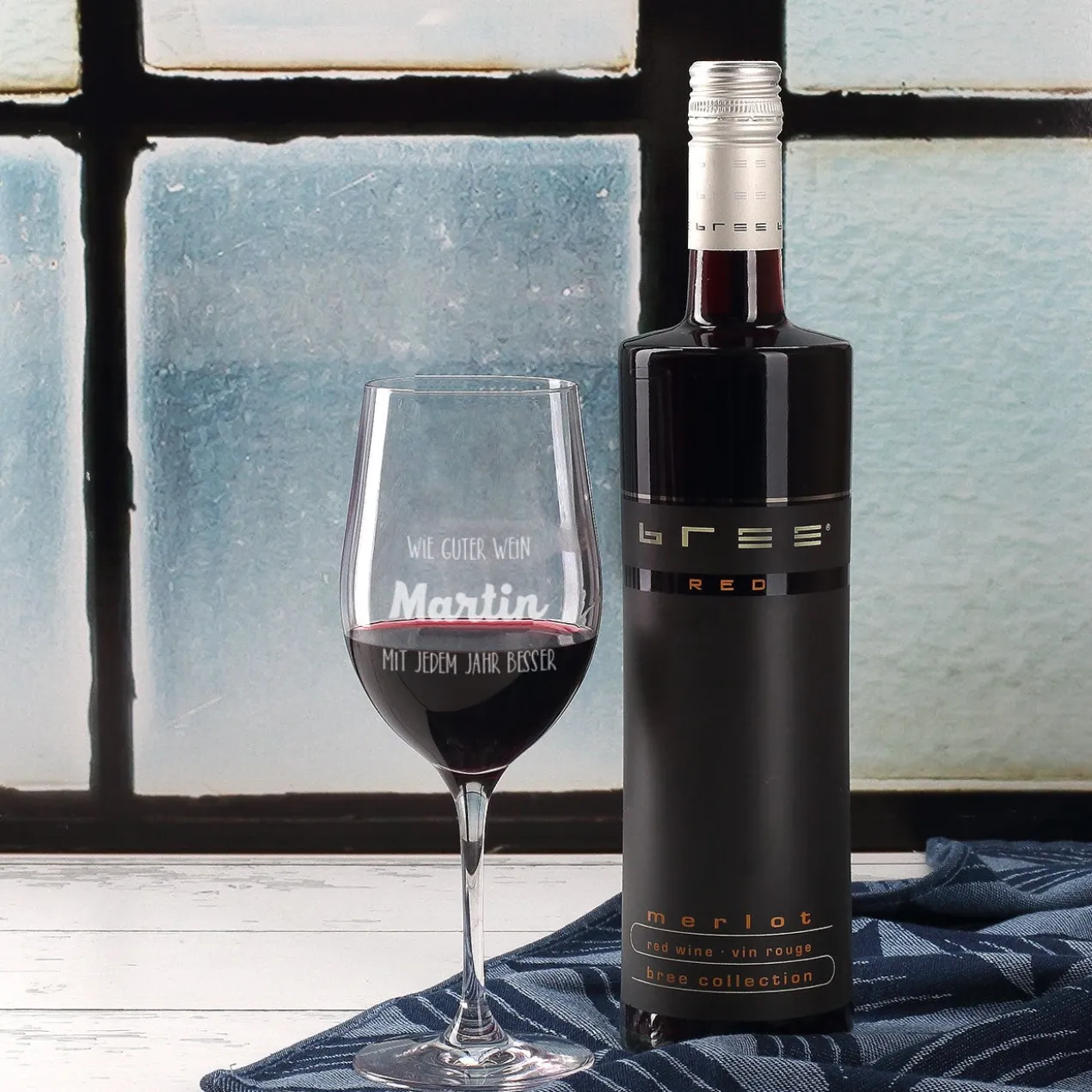 Wein-Set zum Geburtstag mit graviertem Glas in edler Holzverpackung