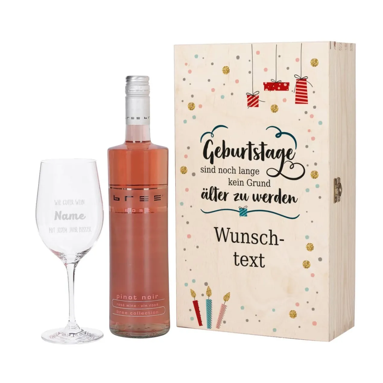 Wein-Set zum Geburtstag mit graviertem Glas in edler Holzverpackung
