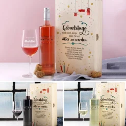 Wein-Set zum Geburtstag mit graviertem Glas in edler Holzverpackung