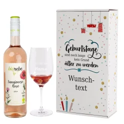 Wein-Set zum Geburtstag mit graviertem Glas in weißer Geschenkbox