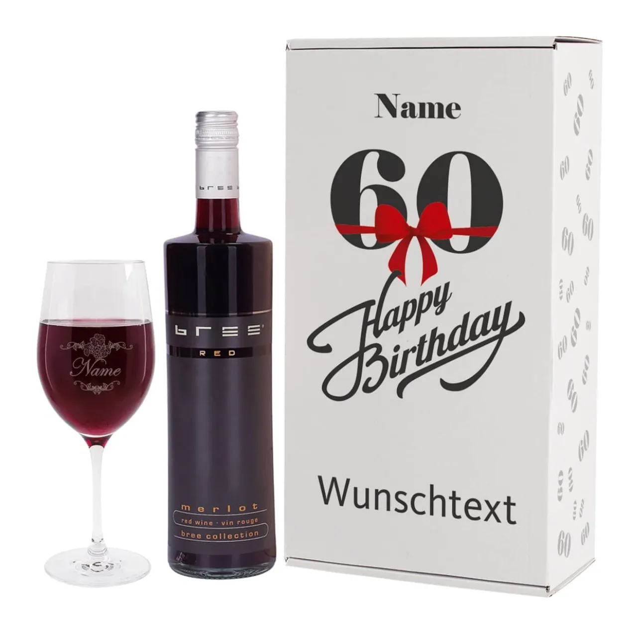Weinset zum 60. Geburtstag mit graviertem Weinglas in Geschenkbox