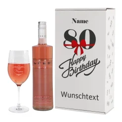 Weinset zum 80. Geburtstag mit Weinglas in bedruckter Geschenkverpackung