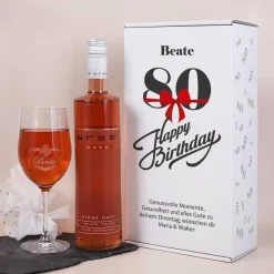 Weinset zum 80. Geburtstag mit Weinglas in bedruckter Geschenkverpackung