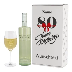 Weinset zum 80. Geburtstag mit Weinglas in bedruckter Geschenkverpackung