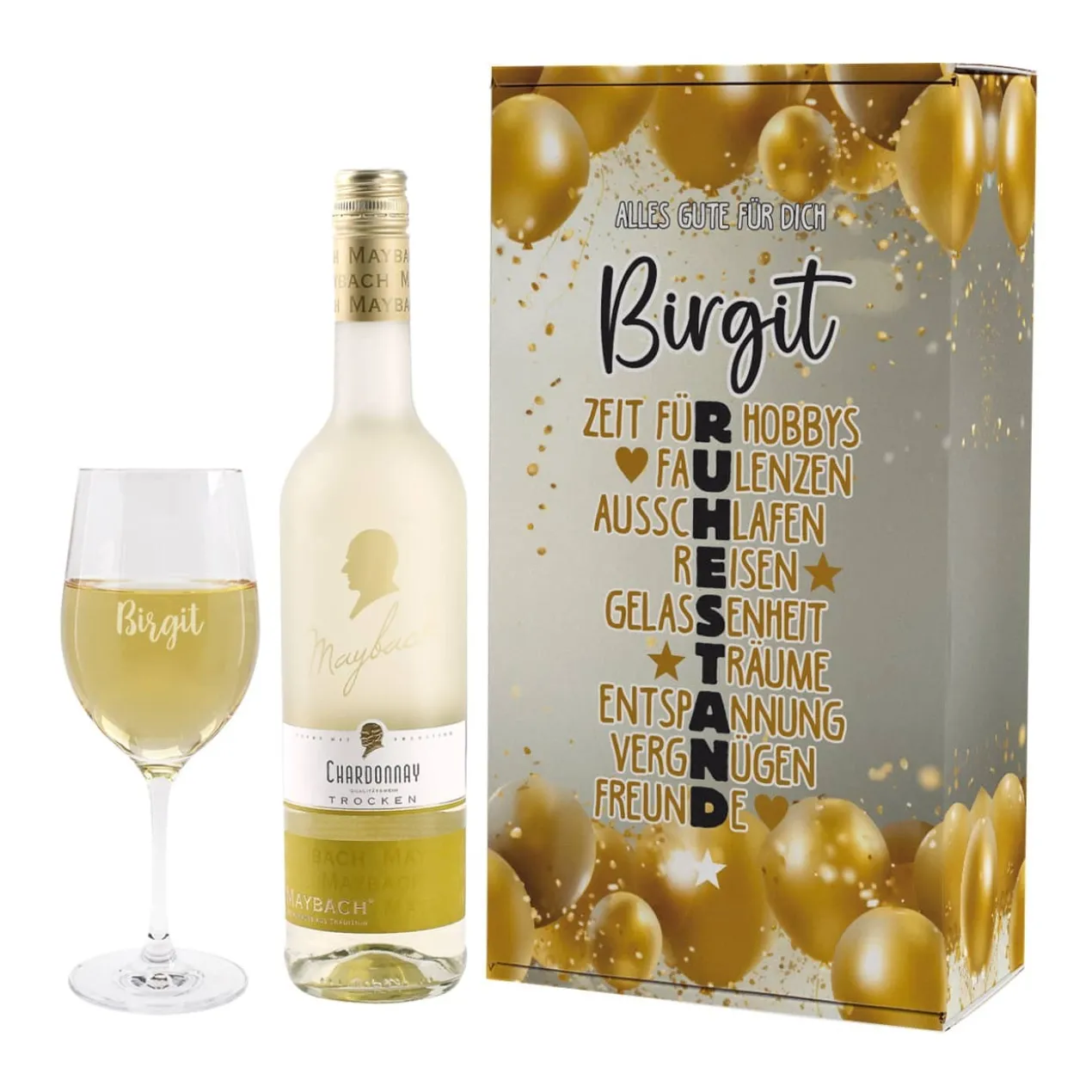 Weinset zum Ruhestand mit Maybachwein und graviertem Glas
