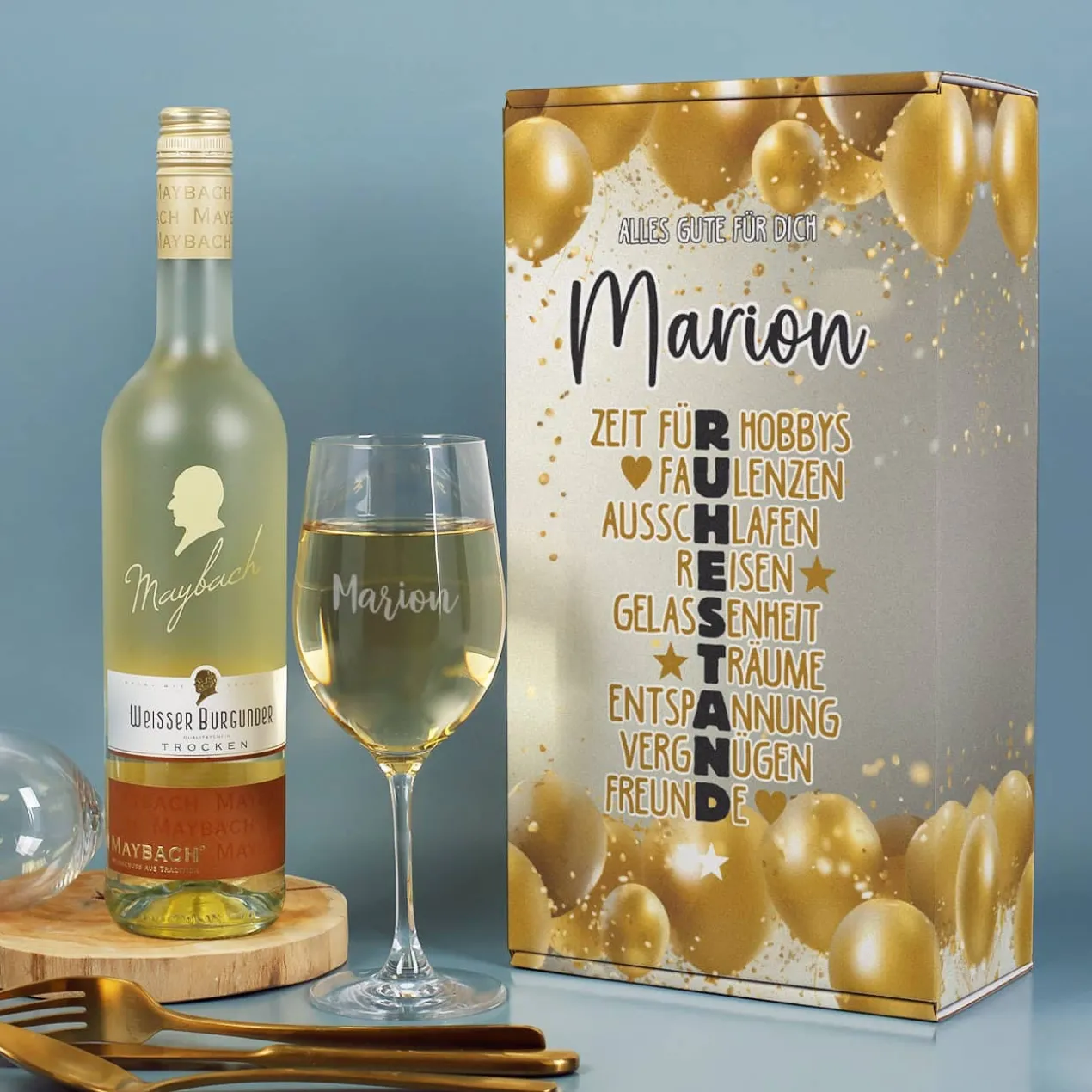 Weinset zum Ruhestand mit Maybachwein und graviertem Glas