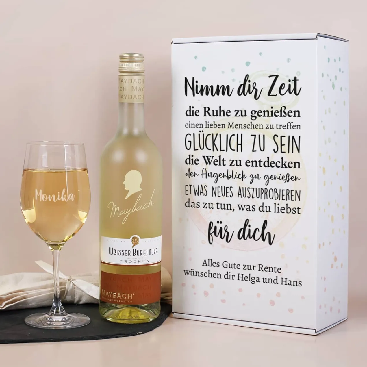 Weinset zur Rente - Nimm dir Zeit - mit Maybachwein und graviertem Glas