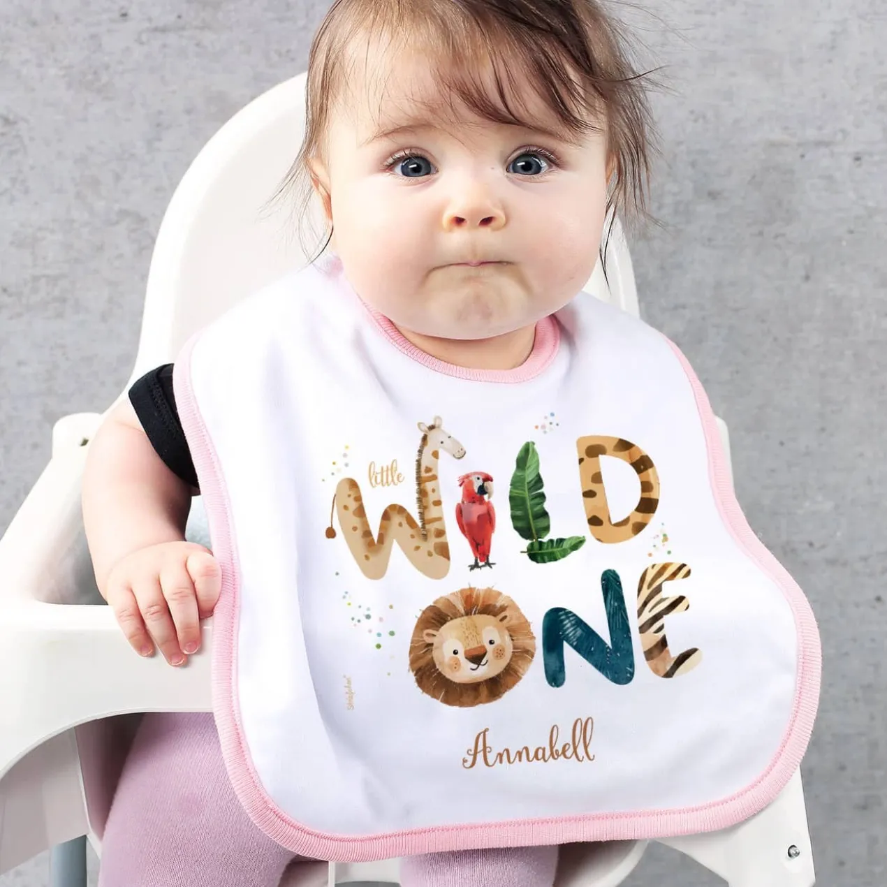 Weiß/rosa Lätzchen - little Wild One - mit Wildtieren und Name