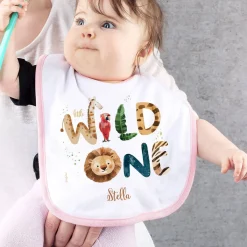 Weiß/rosa Lätzchen - little Wild One - mit Wildtieren und Name