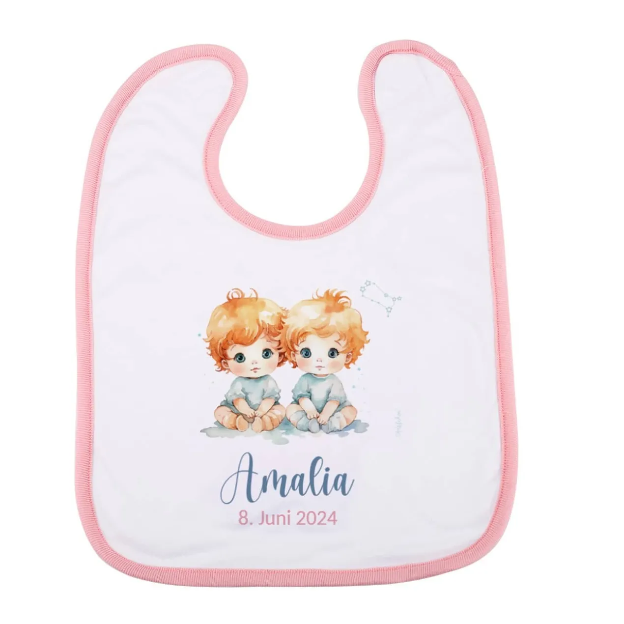 Weiß/rosa Lätzchen mit Sternzeichen, Name und Datum