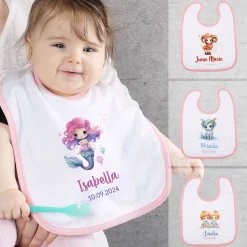 Weiß/rosa Lätzchen mit Sternzeichen, Name und Datum