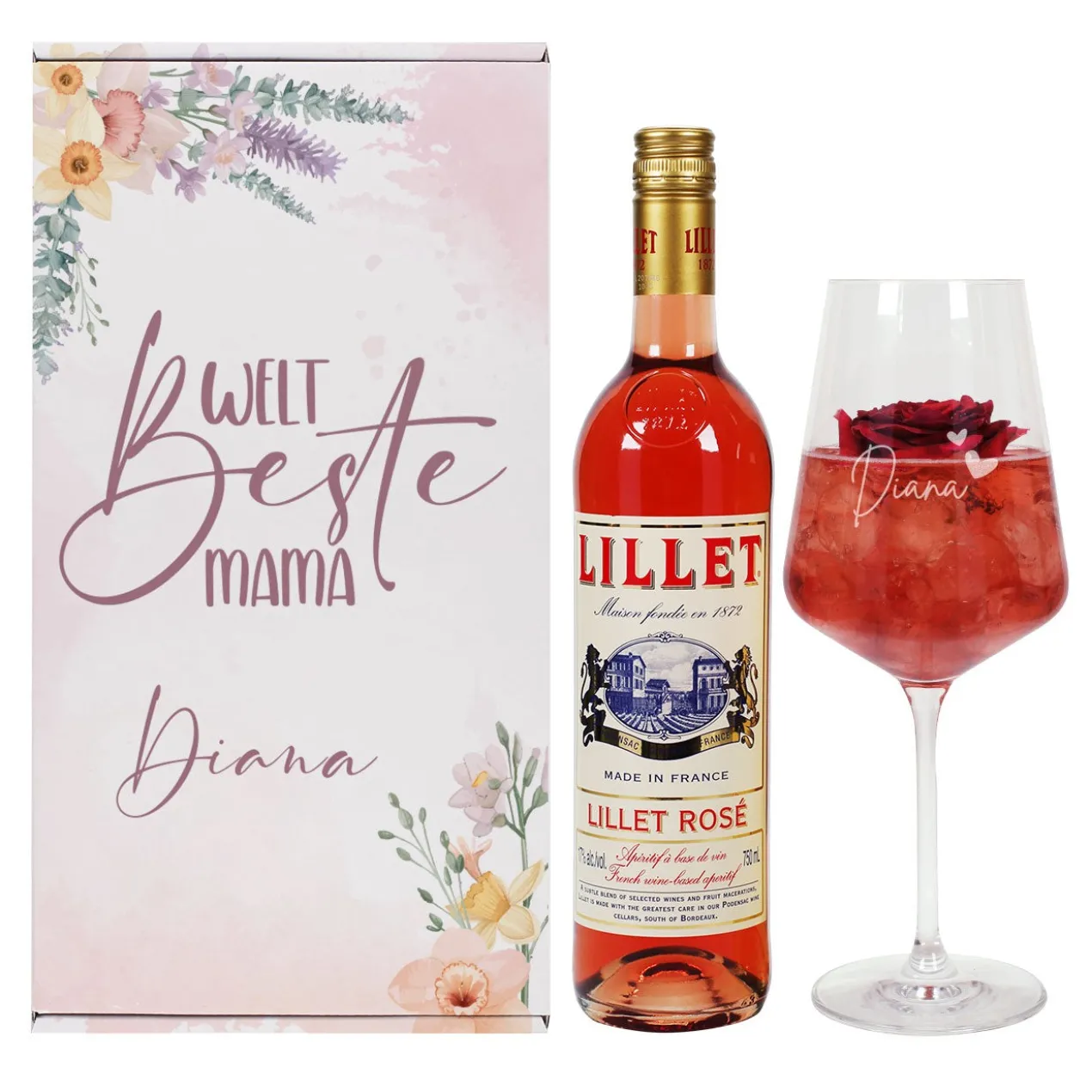 Weltbeste Mama - Lillet Geschenkset mit Weinglas und blumigen Frühlingsmotiv