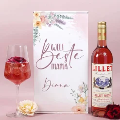 Weltbeste Mama - Lillet Geschenkset mit Weinglas und blumigen Frühlingsmotiv
