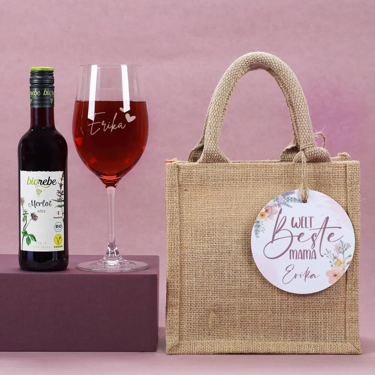 Welt beste Mama - Wein Geschenkset im Jutebeutel