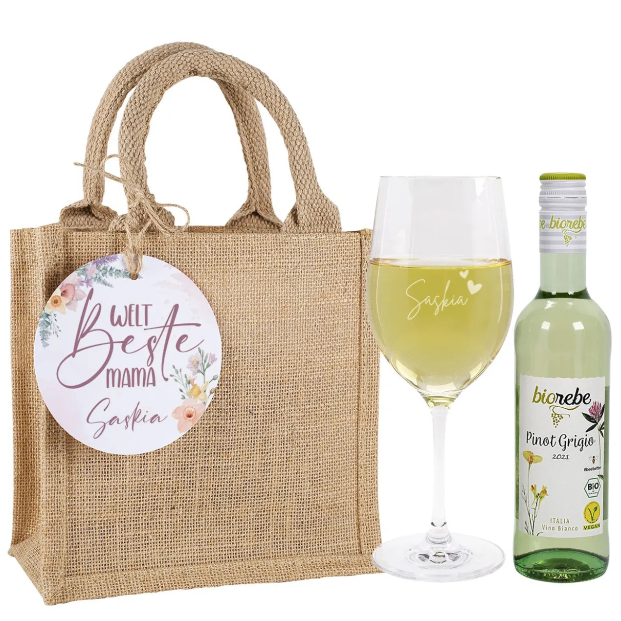 Welt beste Mama - Wein Geschenkset im Jutebeutel