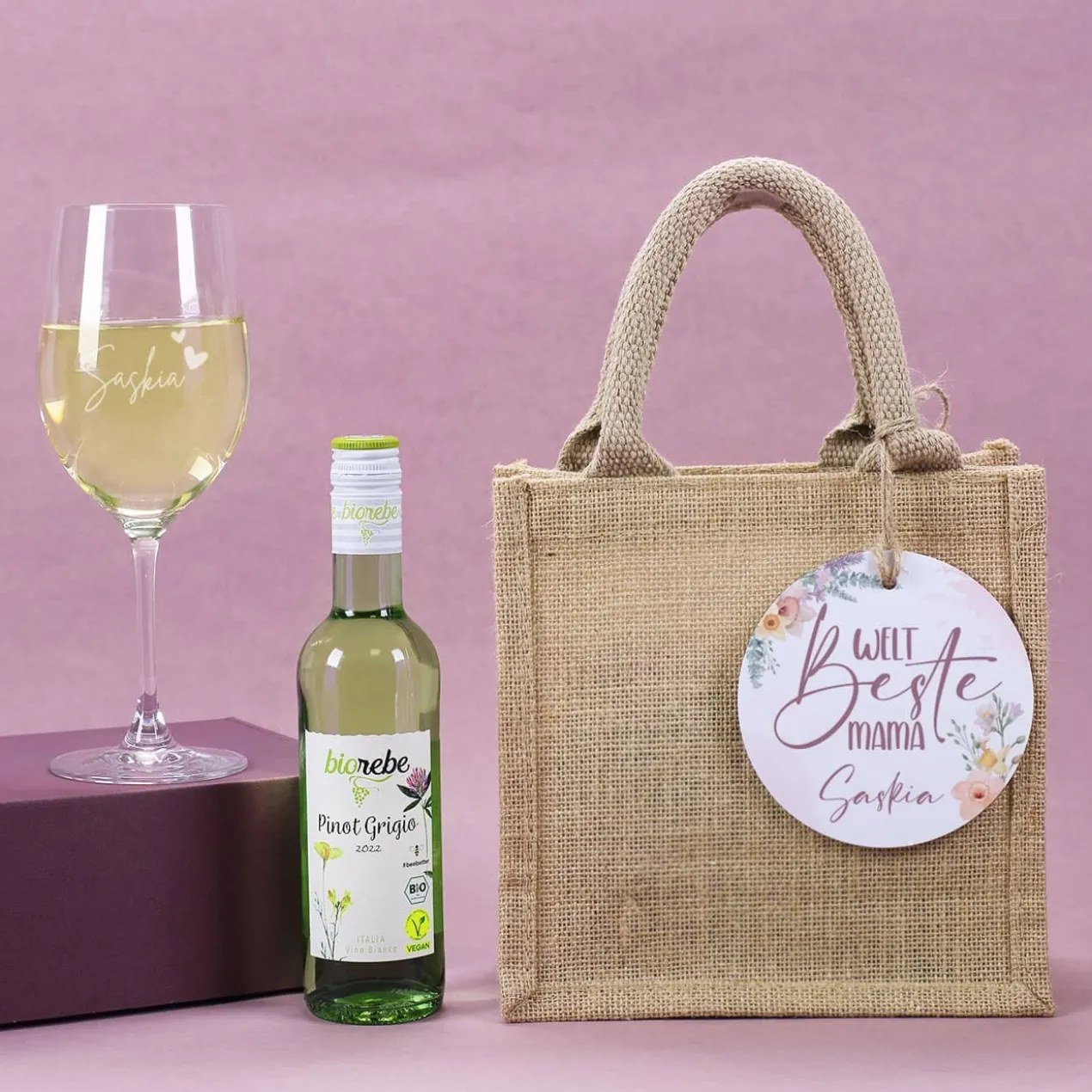 Welt beste Mama - Wein Geschenkset im Jutebeutel