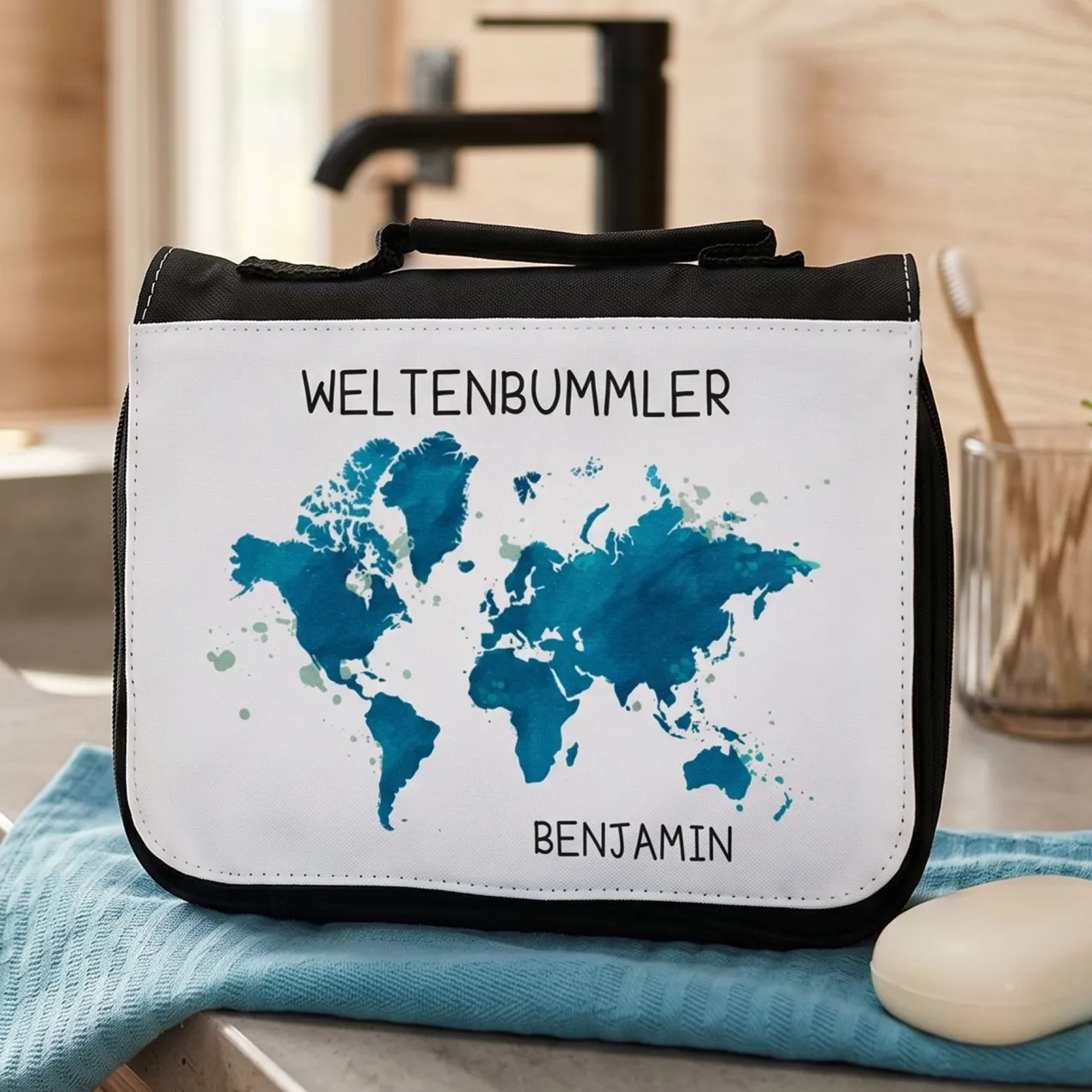 Weltenbummler - Kulturtasche mit Name bedruckt