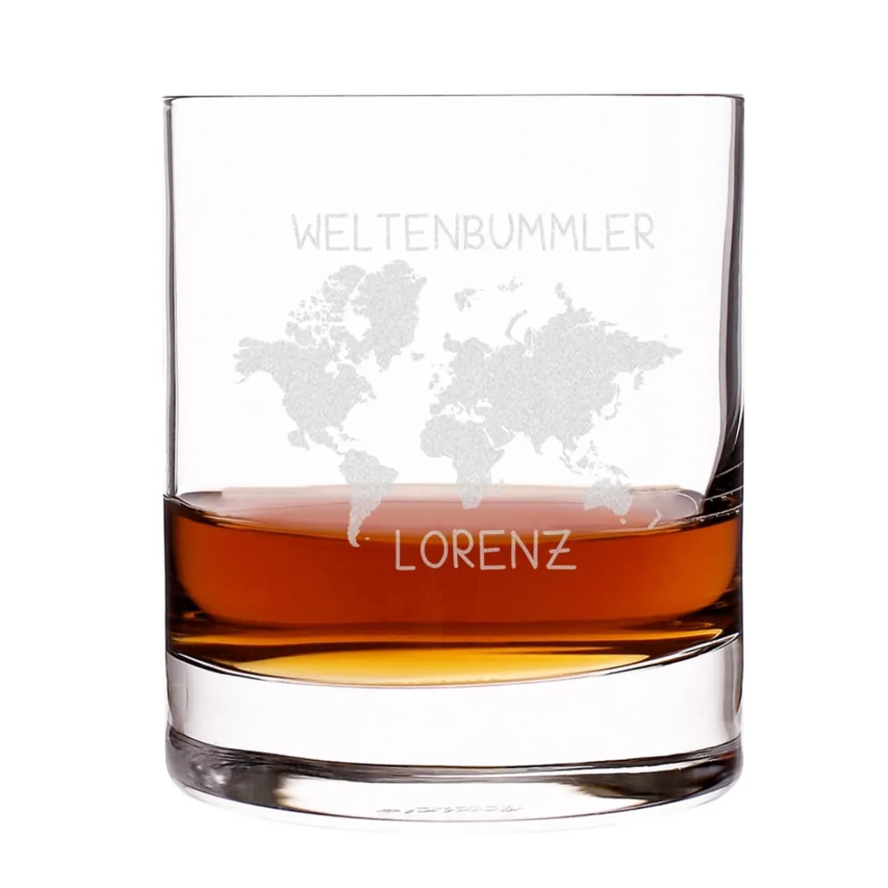 Whiskeyglas mit Weltenbummler Motiv und Namensgravur