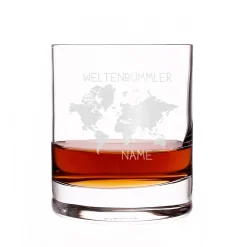 Whiskeyglas mit Weltenbummler Motiv und Namensgravur