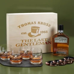 Whiskybox mit 4 Gläsern, Untersetzern und Jack Daniels Whiskey