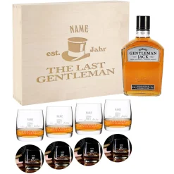 Whiskybox mit 4 Gläsern, Untersetzern und Jack Daniels Whiskey