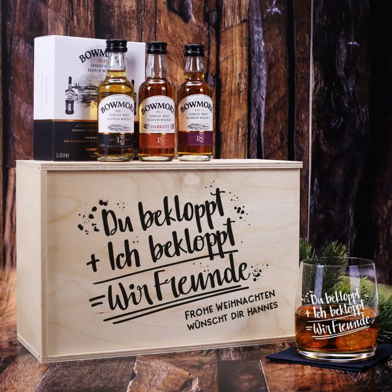 Whisky-Geschenkset für Freunde mit Humor - Whiskyglas mit Bowmore Whisky