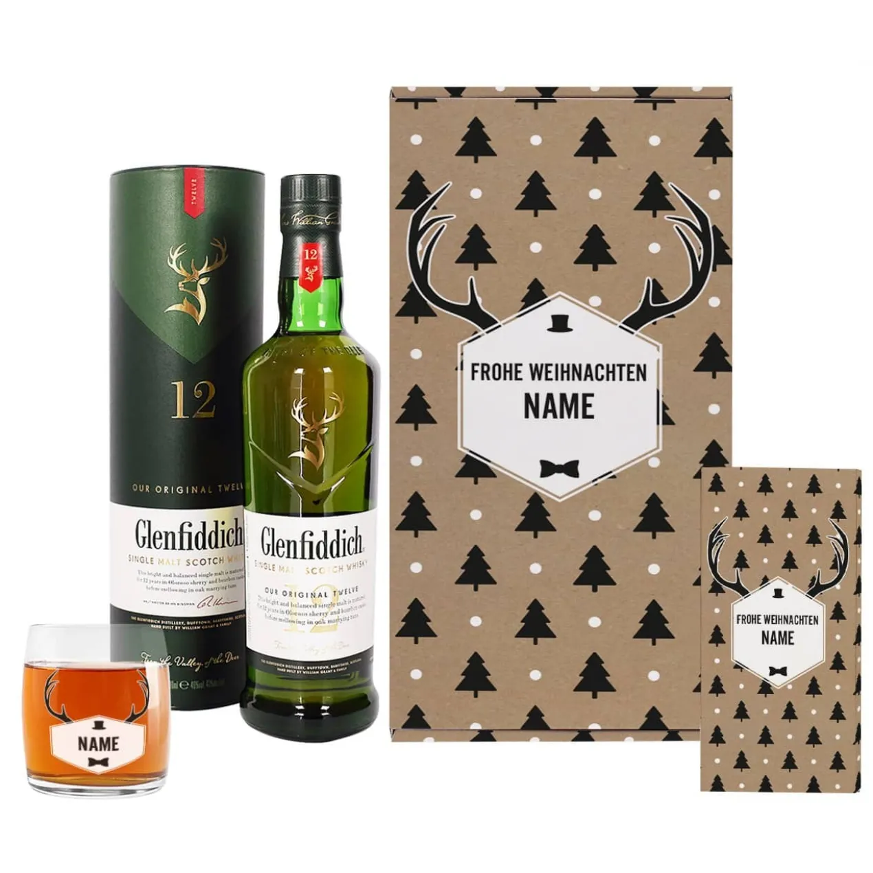 Whisky Geschenkset zu Weihnachten mit Hirschgeweih Motiv und Name