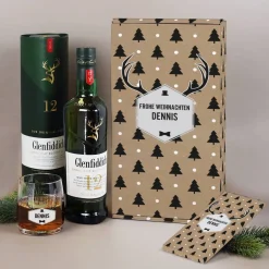 Whisky Geschenkset zu Weihnachten mit Hirschgeweih Motiv und Name