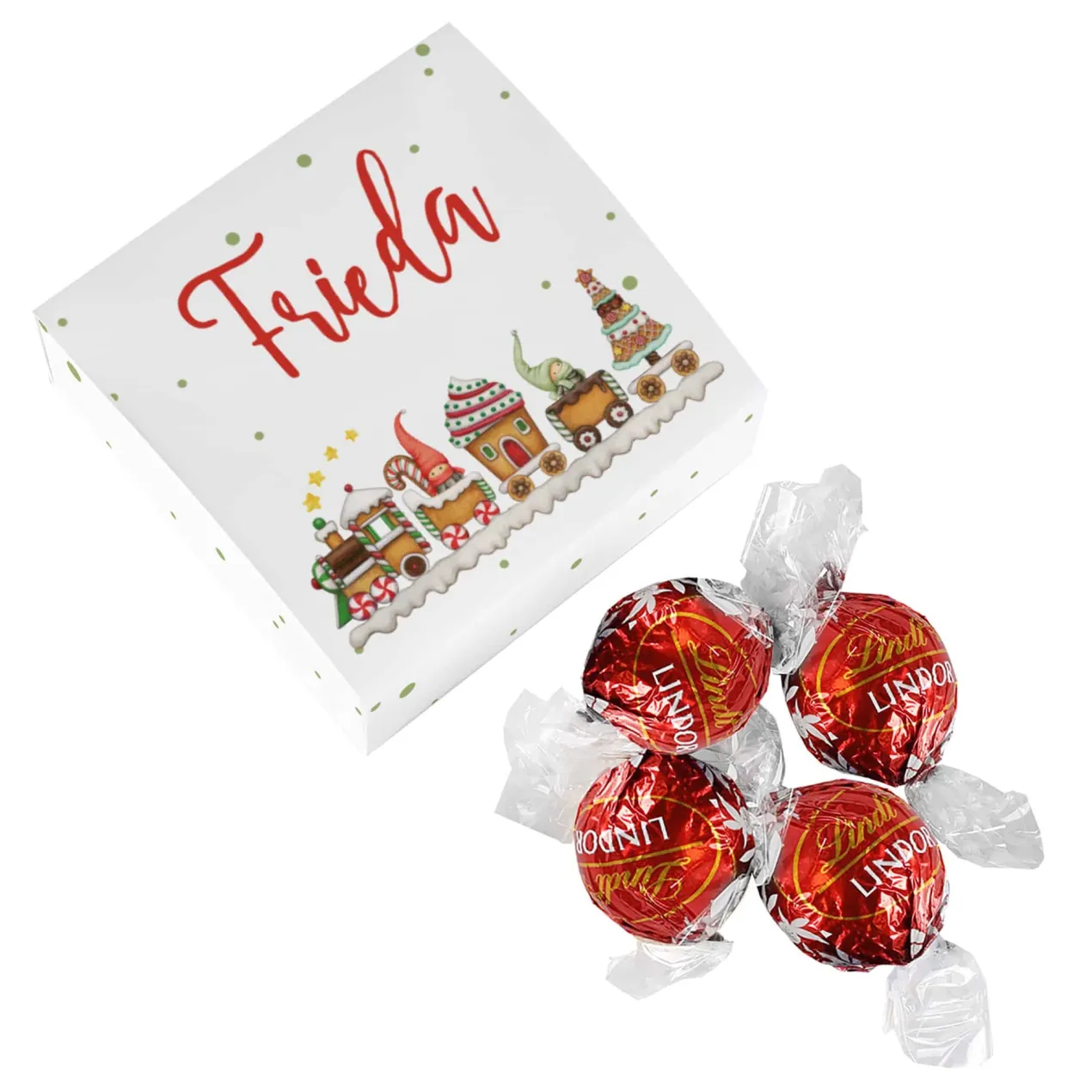 Wichtel Weihnachtszug - 4 Lindorkugeln in persönlicher Verpackung - mit Name