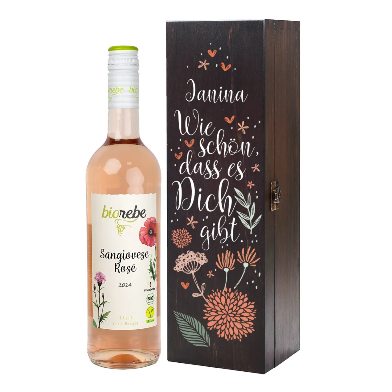 Wie schön, dass es Dich gibt. - Bienenfreundlicher Biorebe Wein in personalisierter Holzbox