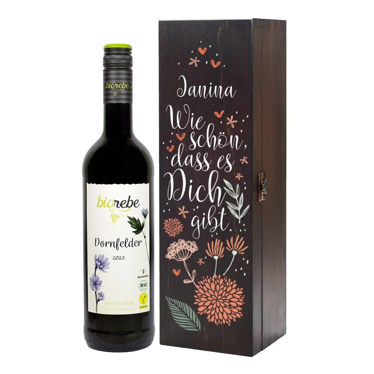 Wie schön, dass es Dich gibt. - Bienenfreundlicher Biorebe Wein in personalisierter Holzbox