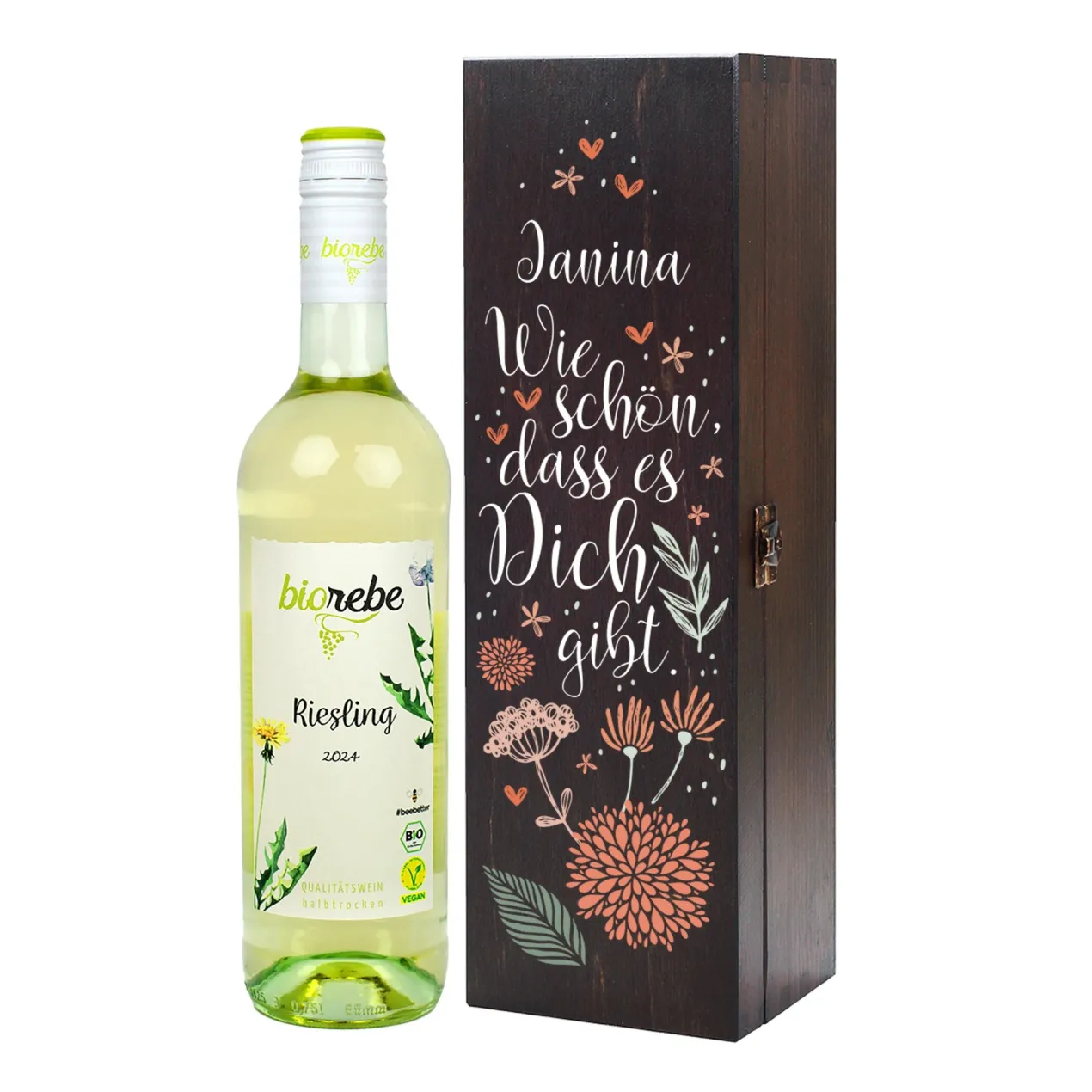Wie schön, dass es Dich gibt. - Bienenfreundlicher Biorebe Wein in personalisierter Holzbox