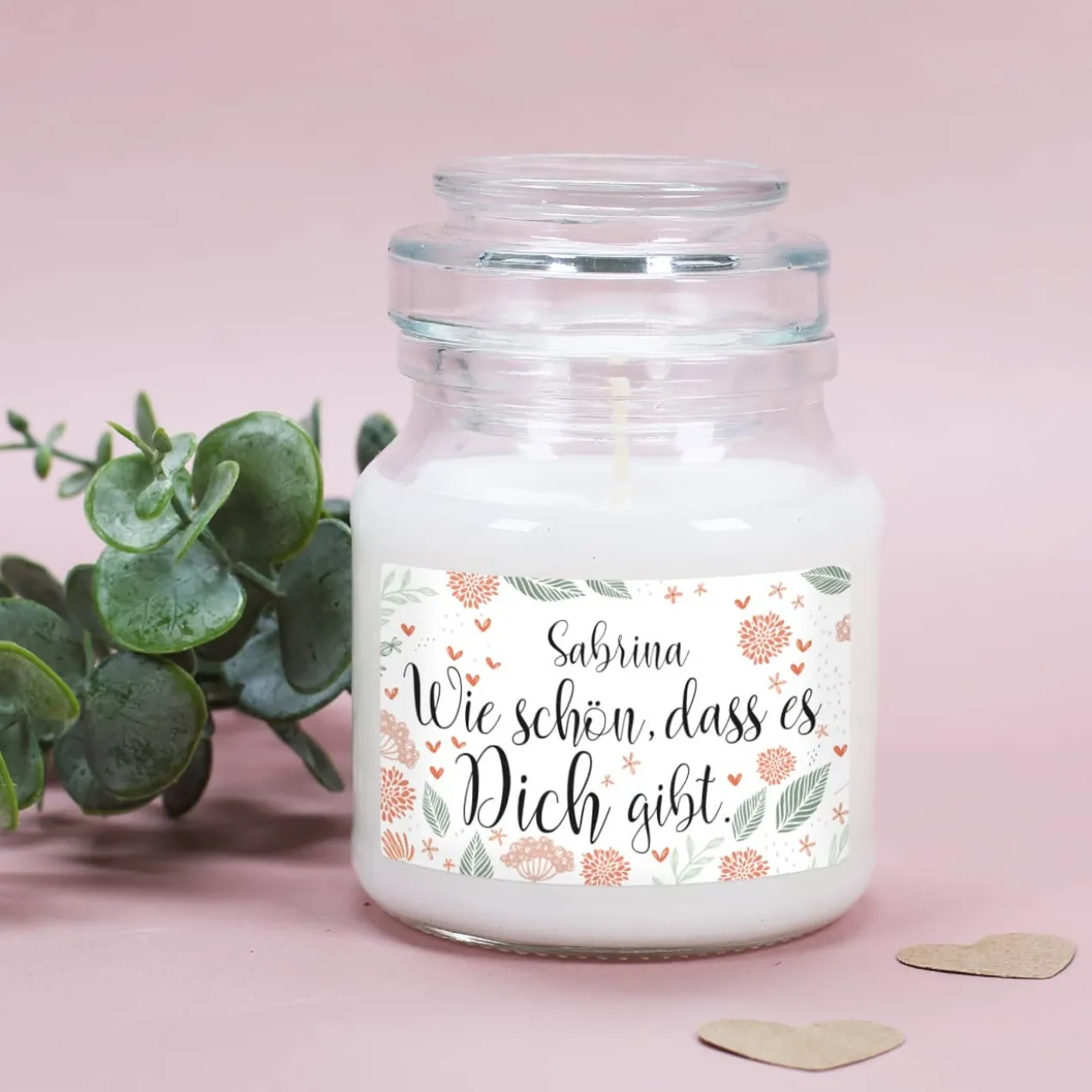 Wie schön, dass es Dich gibt. - Duftkerze im Glas mit Ihrem Wunschnamen