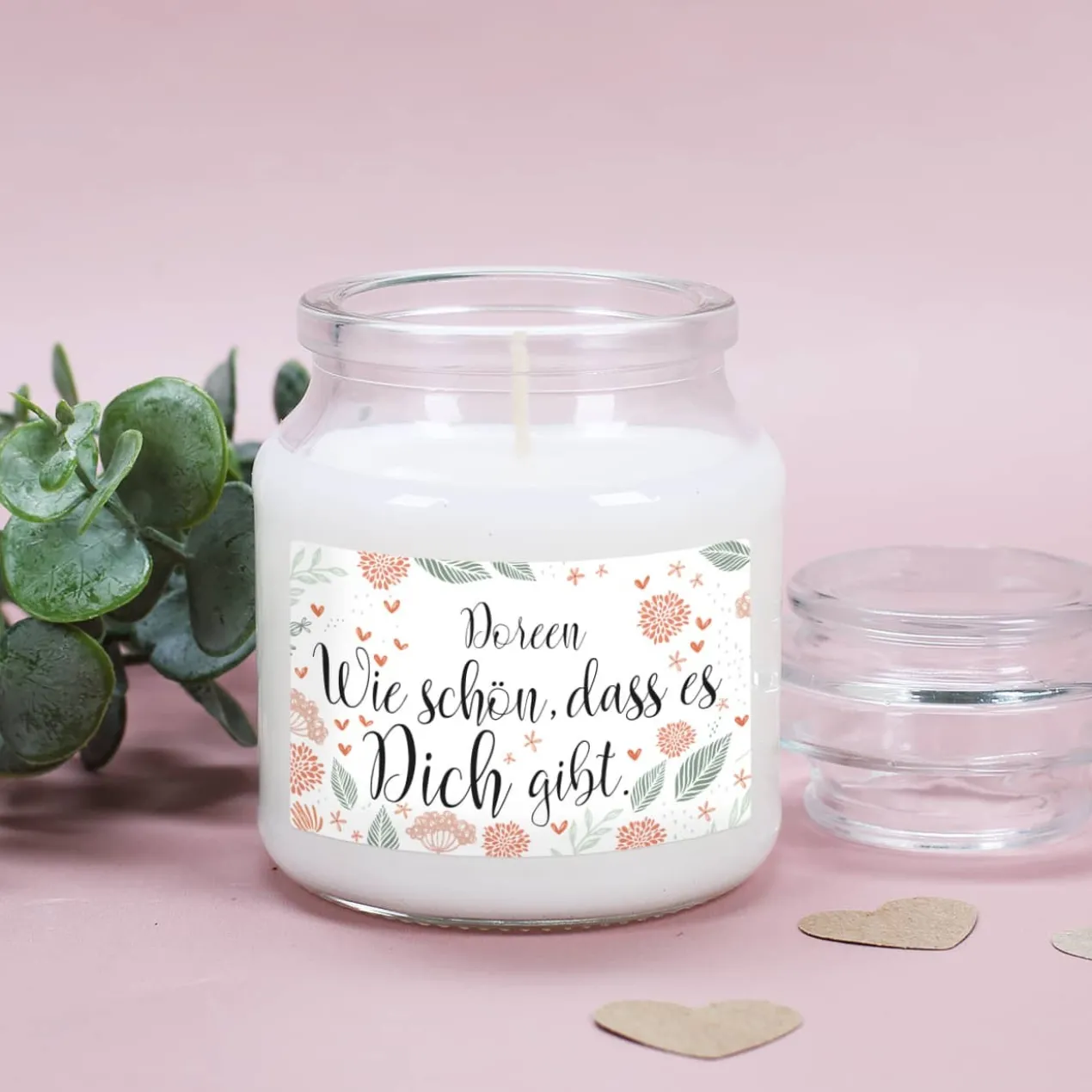 Wie schön, dass es Dich gibt. - Duftkerze im Glas mit Ihrem Wunschnamen