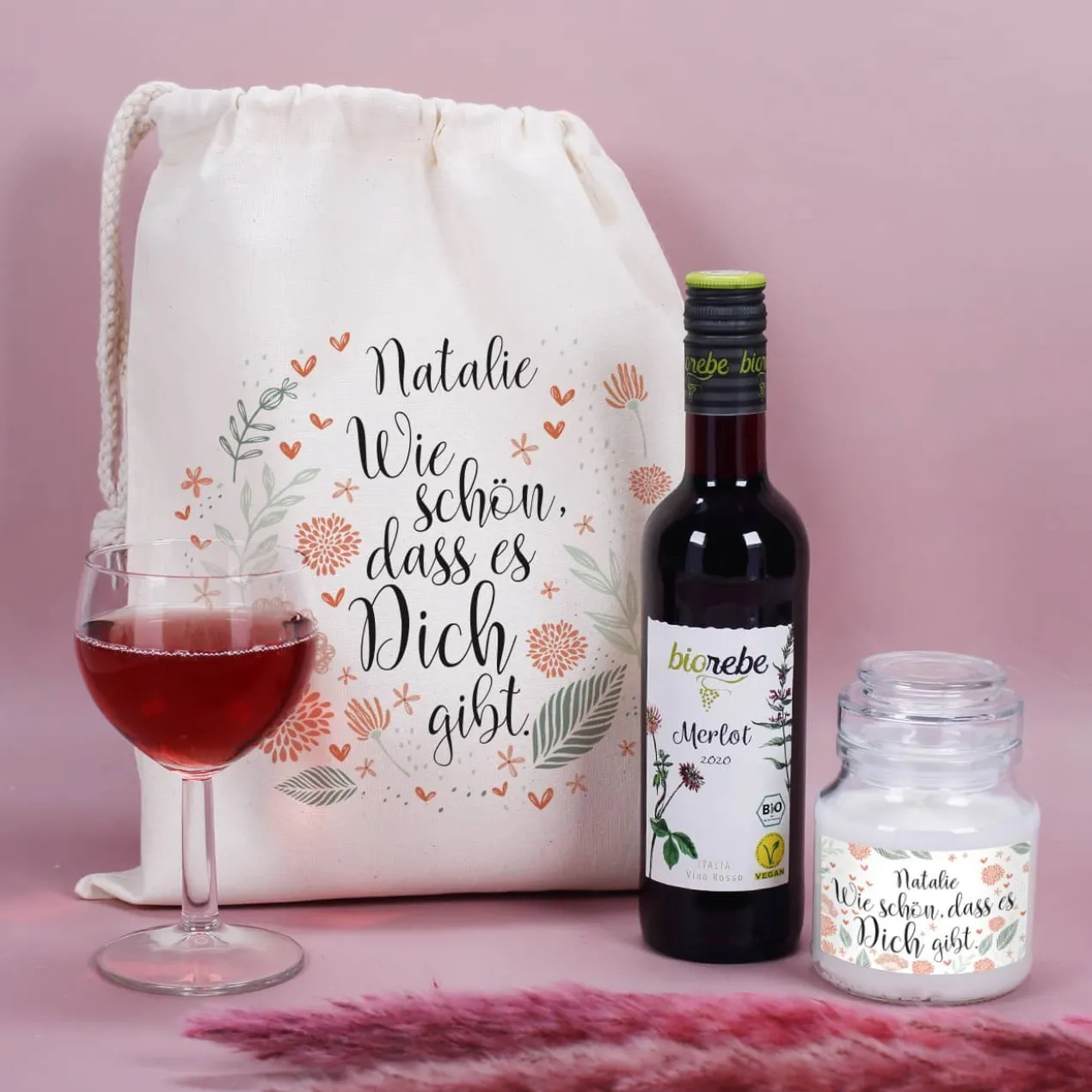 Wie schön, dass es Dich gibt. - Geschenkset mit Wein und Duftkerze