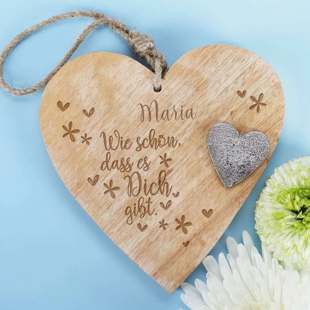Wie schön, dass es Dich gibt - Holzherz zum Aufhängen mit Name