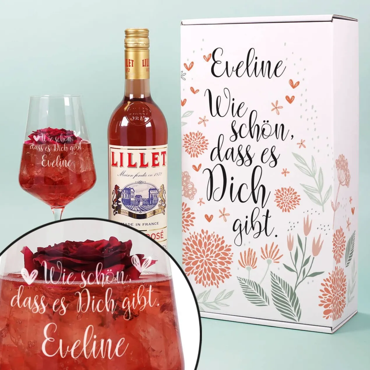 Wie schön, dass es Dich gibt - Lillet Geschenkset mit graviertem Glas und Präsentbox