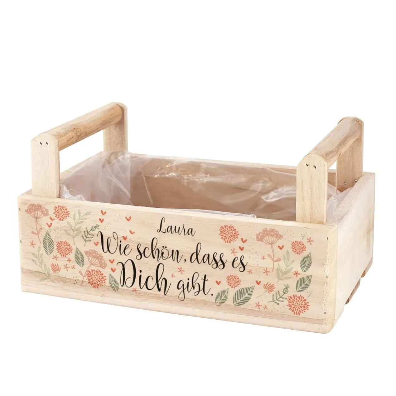 Wie schön, dass es Dich gibt. - Pflanzkiste mit Blumenmotiv und Name