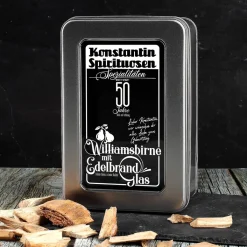 Williamsbirne Schnaps mit graviertem Edelbrandglas in bedruckter Metallbox