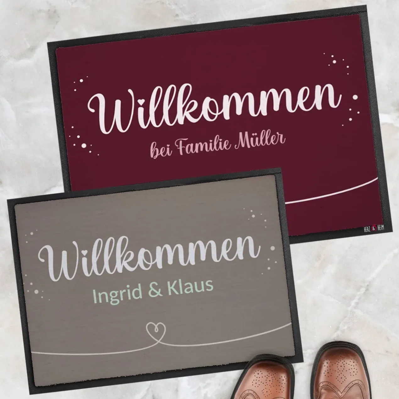 Willkommen Fußmatte mit Herz und Wunschtext