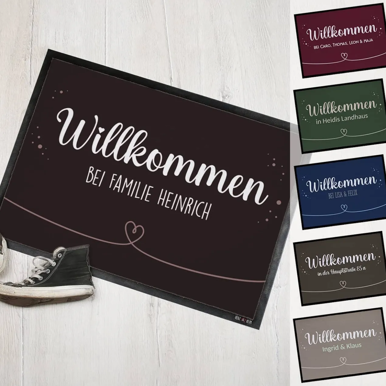Willkommen Fußmatte mit Herz und Wunschtext
