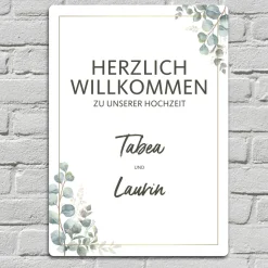 Willkommensschild zur Hochzeit mit Ihren Wunschnamen und Eukalyptusmotiv 70x50cm