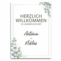 Willkommensschild zur Hochzeit mit Ihren Wunschnamen und Eukalyptusmotiv 70x50cm