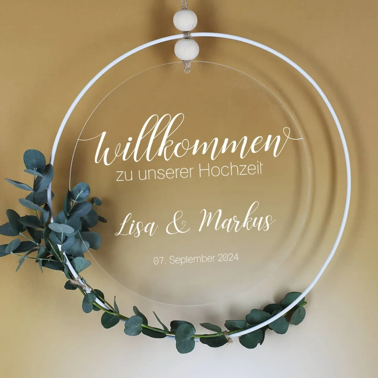 Willkommensschild zur Hochzeit - Acrylbild mit Metallring als Dekoration