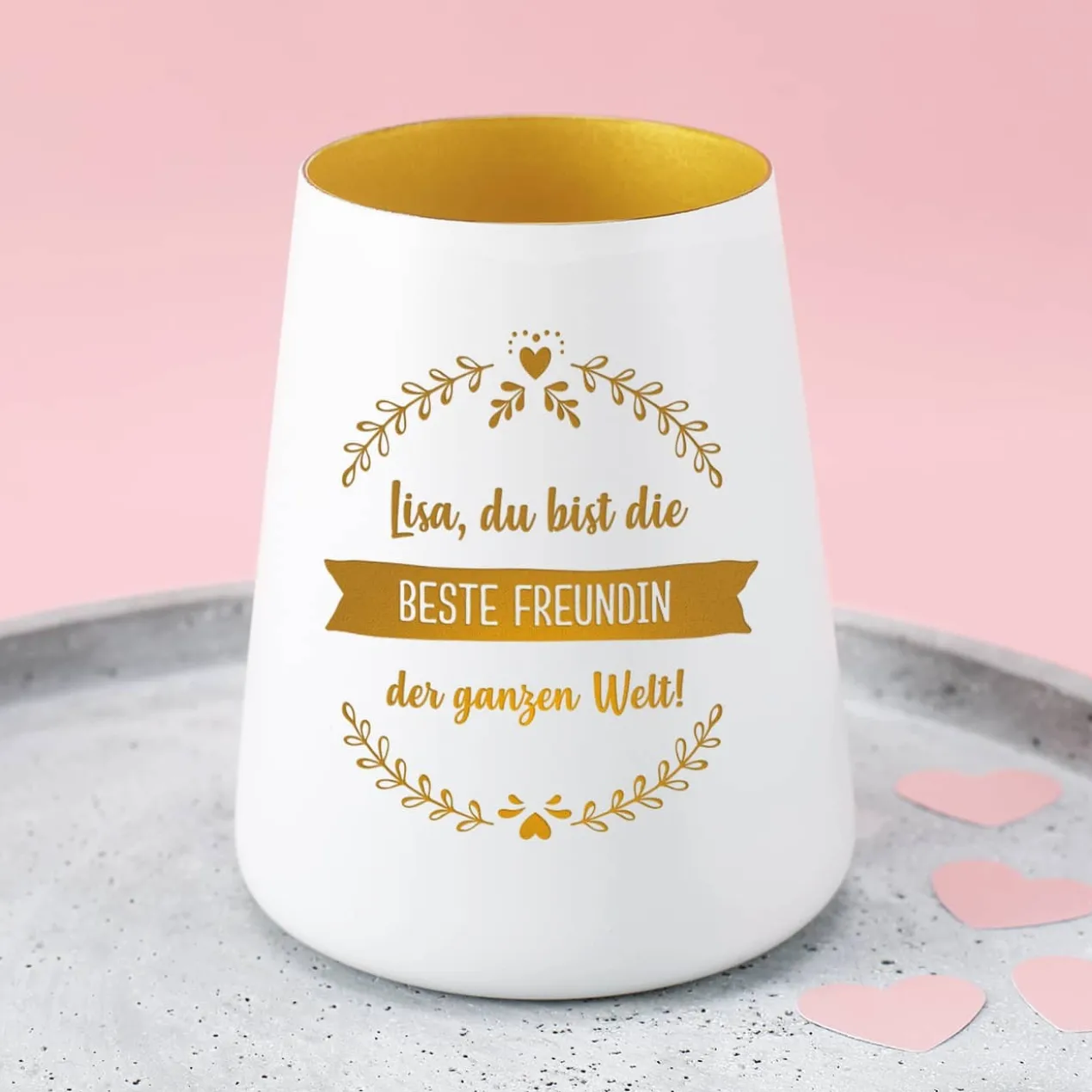 Windlicht mit drei Zeilen Wunschtext