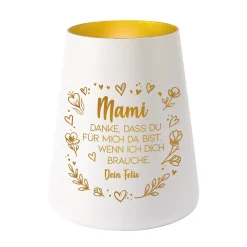 Windlicht mit Gravur für Mama & Familie personalisiert mit Wunschtext und Herz Motiv | Schwarz oder Weiß