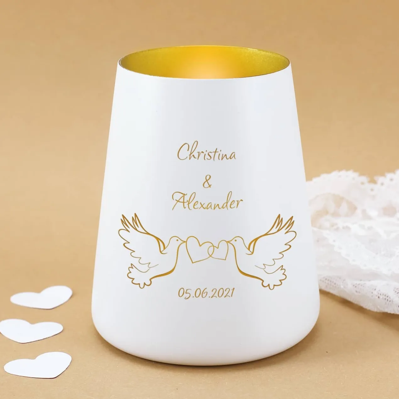 Windlicht mit Tauben zur Hochzeit