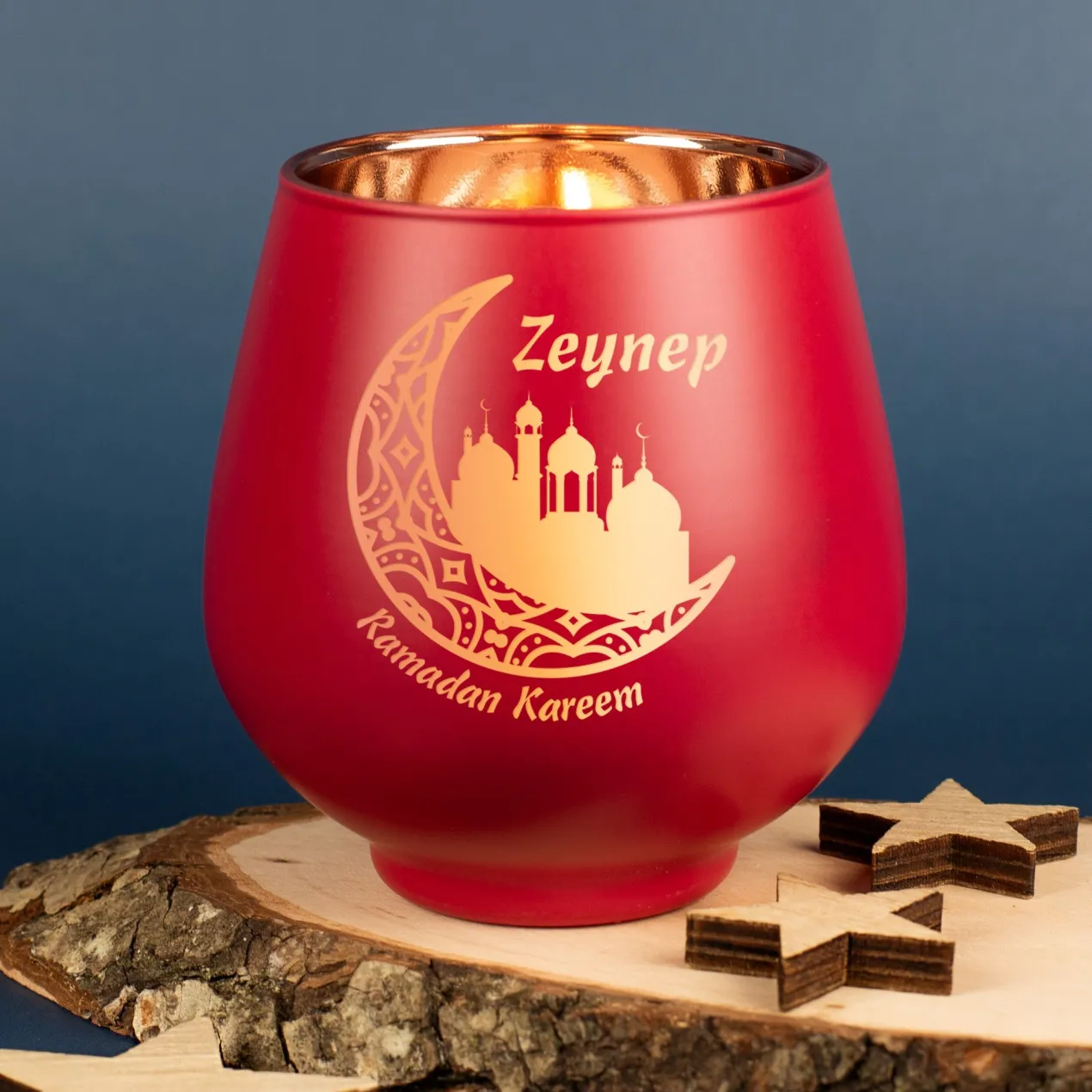 Windlicht zu Ramadan personalisiert mit Name | Teelichthalter aus Glas | Rot oder Grün
